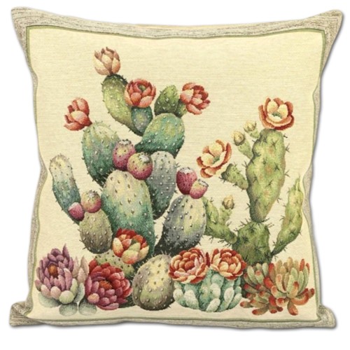 Kwadratowa poszewka gobelinowa z tkanym wzorem różnych gatunków zielonych kaktusów w doniczkach na jasnym tle.