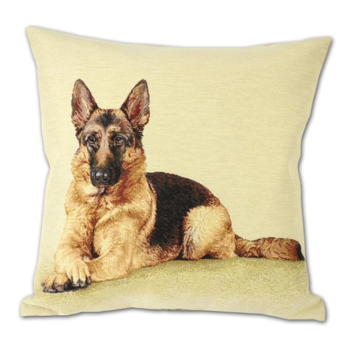 Kwadratowa poszewka gobelinowa z realistycznym, tkanym portretem owczarka niemieckiego na jasnym tle.
