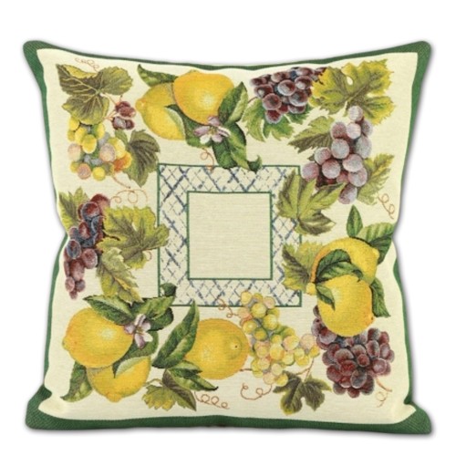 Kwadratowa poszewka gobelinowa z tkanym motywem żółtych cytryn na gałązkach, styl śródziemnomorski.