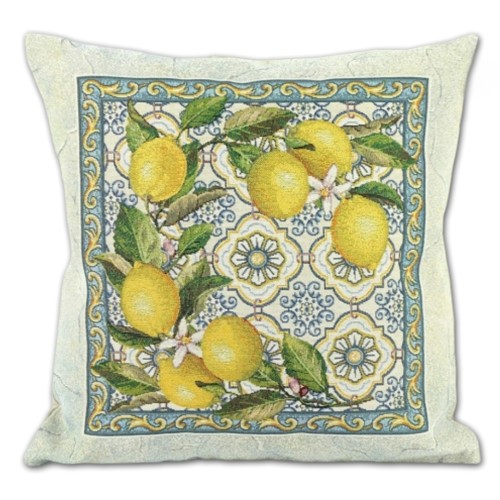 Kwadratowa poszewka gobelinowa z gęsto tkanym motywem soczystych żółtych cytryn i zielonych liści w stylu orientalnym na jasnym tle.