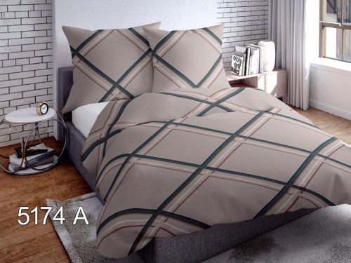 5174A Beżowa pościel satynowa 160x200 w dużą, ciemną kratę geometryczną.