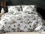 Pościel Satynowa 160x200 wzór 5076B Biała w Duże Białe Kwiaty i Zielone Liście.