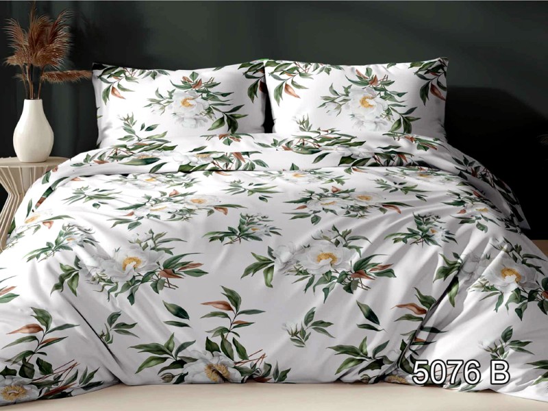 Pościel Satynowa 160x200 wzór 5076B Biała w Duże Białe Kwiaty i Zielone Liście.