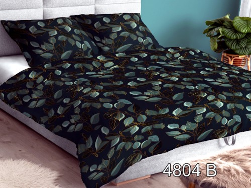 4804B pościel satynowa 160x200 ozdobiona gęstym wzorem turkusowych i złotych liści.
