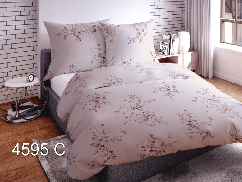 Pościel Satynowa 160x200 wzór 4595C Beżowa w Delikatne Kwiaty i Gałązki Boho.