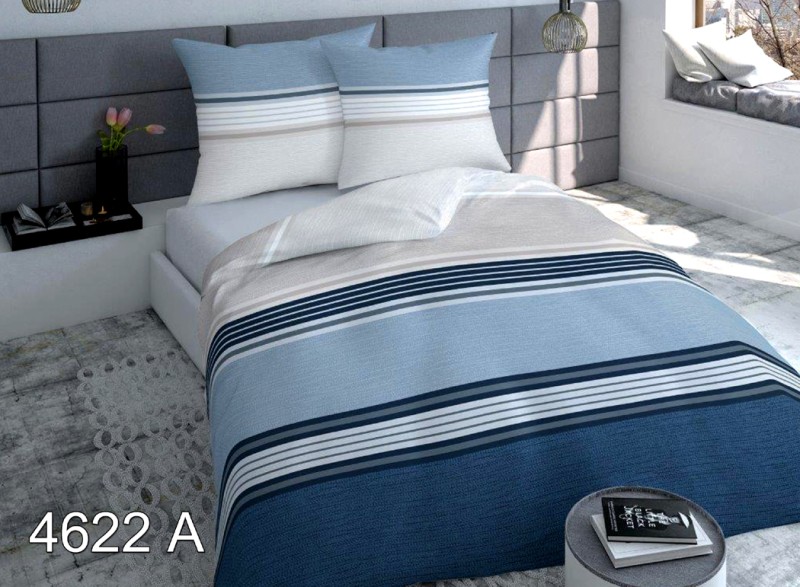 Pościel Satynowa 160x200 wzór 4622A Niebieska w Pasy Geometryczna Nowoczesna