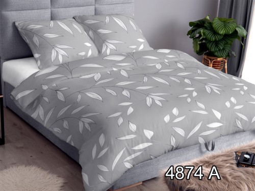 Pościel z satyny bawełnianej 160x200 wzór 4874A, szara w białe liście na łóżku w nowoczesnej sypialni.