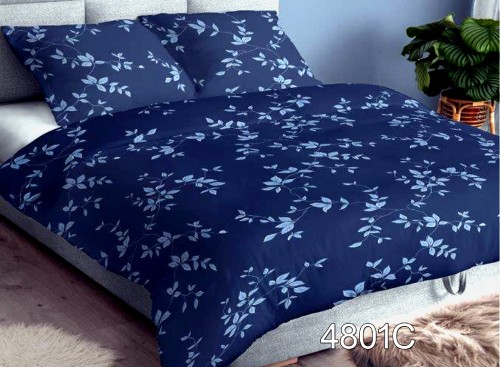 Granatowa pościel z satyny bawełnianej 160x200 w drobne błękitne gałązki z listkami, wzór 4801C