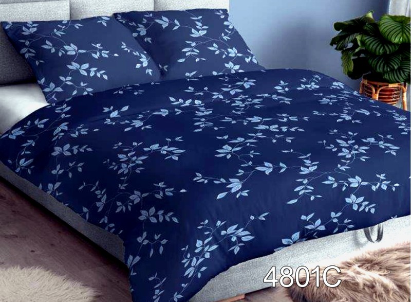 Pościel z Satyny Bawełnianej 160x200 – Granatowa w Błękitne Listki – Wzór 4801C