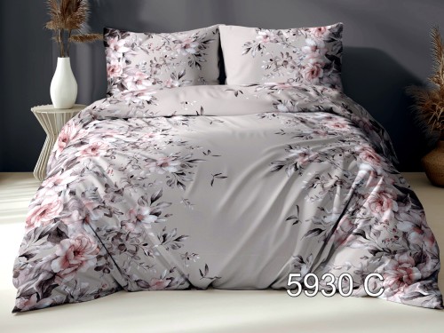Luksusowa pościel z satyny bawełnianej 160x200 w kolorze beżowym z motywem różowych i szarych kwiatów, wzór 5930C.