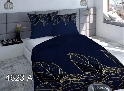 Ekskluzywna granatowa pościel z satyny bawełnianej 160x200 ze złotym obrysem liści, wzór 4623A.