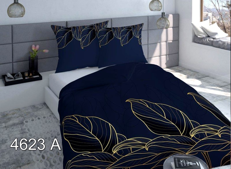 Pościel z Satyny Bawełnianej 160x200 – Granatowa ze Złotym Liściem – Wzór 4623A