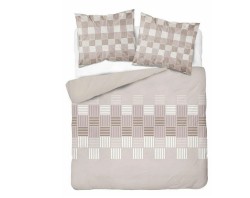 Pościel bawełniana 220x200 beżowo-szara we wzór geometrycznej szachownicy z prążkami, model 5754A