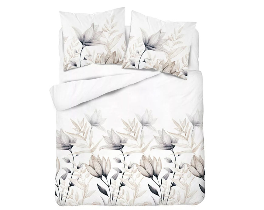 Pościel Bawełniana 220x200 Wzór 5494A – Eleganckie Lilie w Odcieniach Beżu i Antracytu
