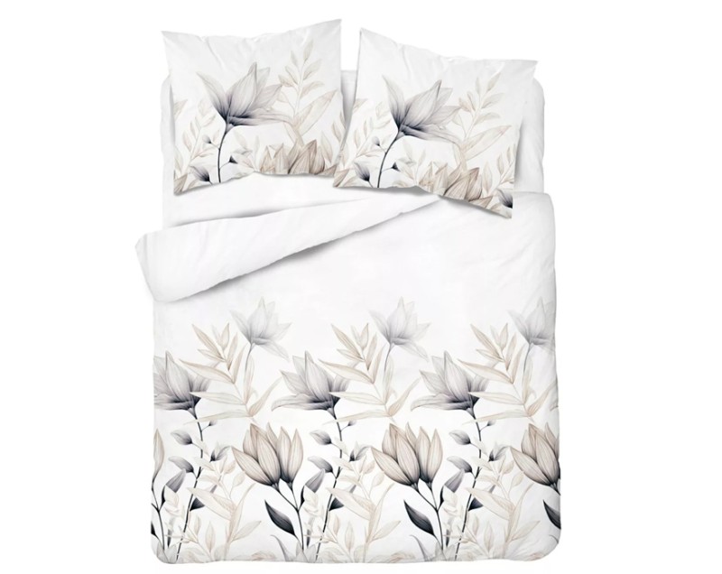 Pościel Bawełniana 220x200 Wzór 5494A – Eleganckie Lilie w Odcieniach Beżu i Antracytu