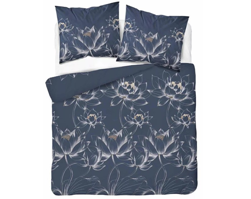 Pościel Bawełniana 220x200 Wzór 5751A – Eleganckie Kwiaty Lotosu na Granatowym Tle