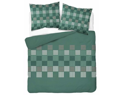 Zielona pościel bawełniana 220x200 wzór 5754B z geometrycznym motywem szachownicy i prążków