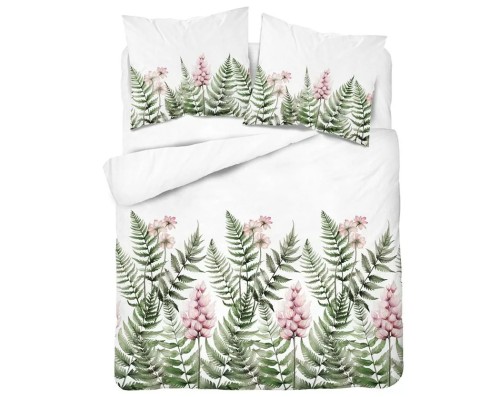 Biała pościel bawełniana 220x200 w zielone liście paproci i jasnoróżowe kwiaty łubinu, wzór 5248A