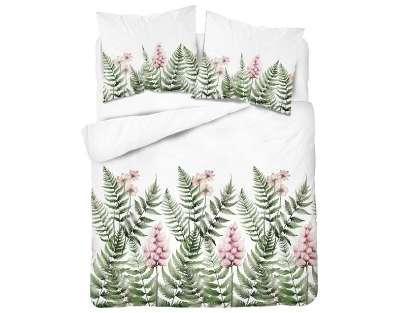 Pościel Bawełniana 220x200 Wzór 5248A – Różowe Kwiaty i Liście Paproci