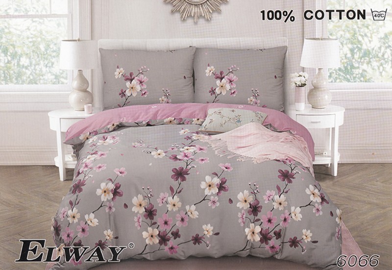 Pościel Elway 6066 Satyna Bawełniana 220x200 cm – Kwiatowy Wzór Szaro-Różowy 100% Bawełna