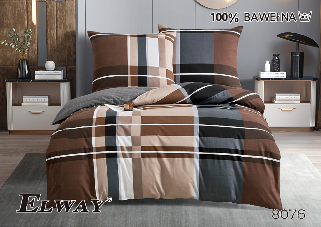 Pościel Satyna Bawełniana 160x200 ELWAY – Wzór 8076 Elegancka Krata Czekoladowy Brąz i Szarość