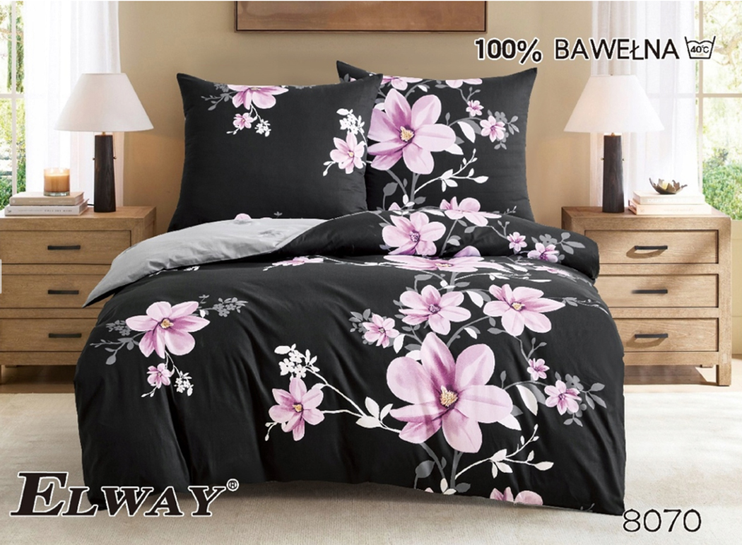 Pościel Satyna Bawełniana 160x200 ELWAY – Wzór 8070 Różowe Magnolie na Czarnym Tle