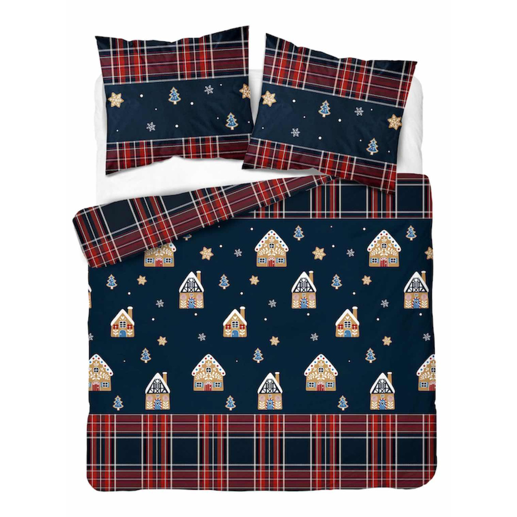 Pościel flanelowa 220x200 granatowa w świąteczne domki i kratę | Detexpol  6031A