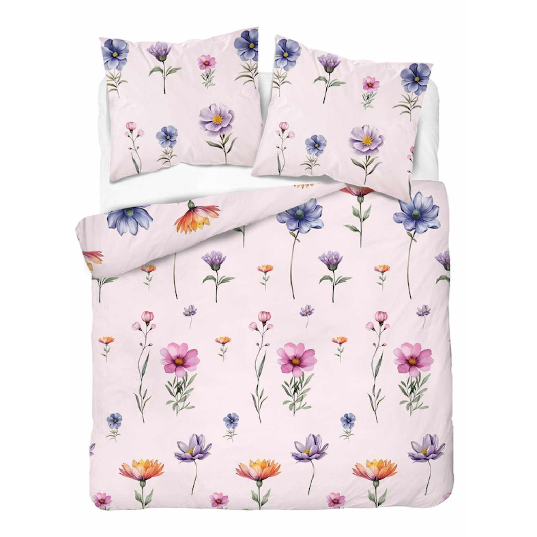 Pościel flanelowa 220x200 jasnoróżowa w kolorowe kwiaty 6044A