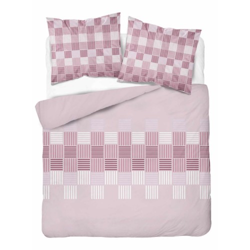 Jasnoróżowa pościel flanelowa 220x200 z geometrycznymi prostokątami i drobnymi paskami. 6046B