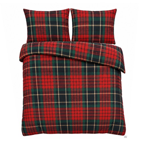 Pościel flanelowa 160x200 w czerwono-zieloną kratę z czarnymi pasami i beżowymi liniami, wzór 5623A, z dwiema poszewkami 70x80 cm.